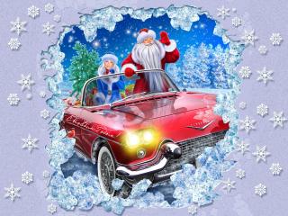 обои Дед Мороз и Снегурочка на ретро автомобиле фото
