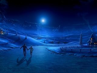 обои Влюбленные на коньках в лунную ночь фото