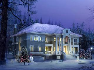 обои New Year,   двухэтажный дом,   елка,   снеговик фото