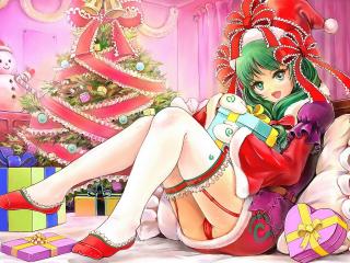 обои New Year,   девочка аниме с подарками под елкой фото
