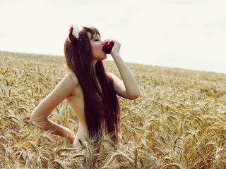 обои Девушка с яблоком в поле пшеницы фото