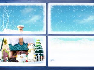 обои Вид через окно,   зима,   снег,   снеговики фото