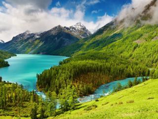 обои Красивый пейзаж лес озеро горы фото