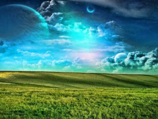 обои Силуэты планет в облачном небе над полем фото