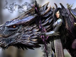 обои Девушка ворон и дракон фото