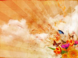 обои Бабочки и цветы на облачном фоне фото
