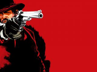 обои Стрелок с револьвером на красном фоне фото