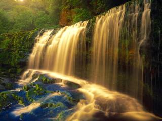 обои Лесной водопад в лучах заката фото