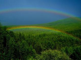 обои Двойная радуга над зелеными просторами фото