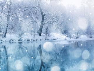 обои Снег над озером,   зима,   снежные блики фото