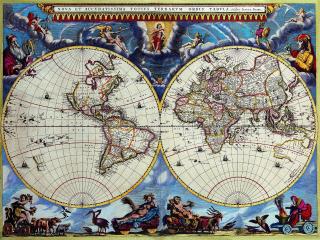обои Иллюстрированная старинная карта полушарий фото