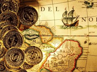 обои Карта с нарисованным кораблем и монеты фото