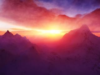 обои Яркий закат над вершинами гор фото