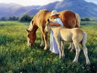 обои Рисунок девочки с лошадьми на лугу фото