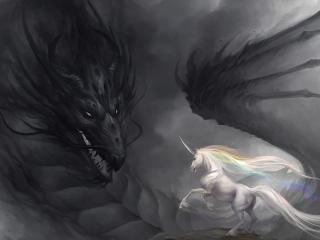 обои Белый единорог и черный дракон фото