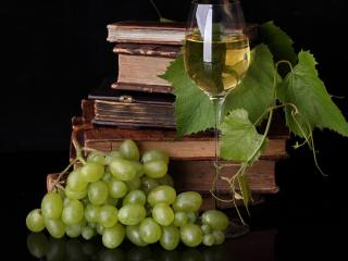 обои Старинные книги и вино с виноградом фото