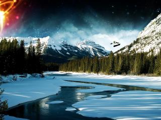 обои Панорама гор,   лесов и рек с сноубордистом и планетой фото