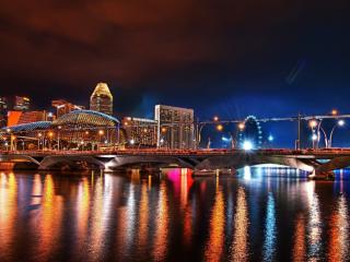обои Разноцветные огни ночного города у моста фото