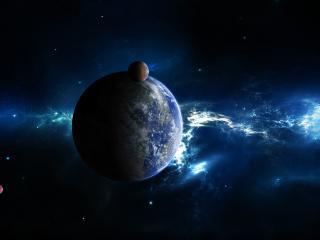 обои Темный космос и земля со спутником фото