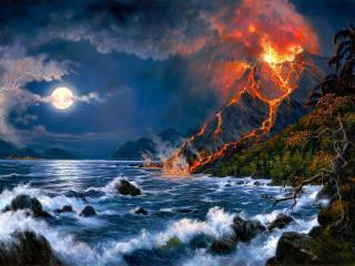 обои Рисунок извержения вулкана у воды фото