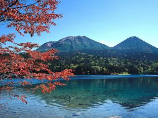 обои Мелкое горное озеро и ветка с красными листьями фото
