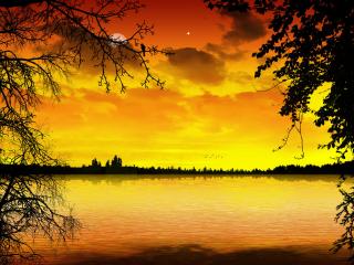 обои Озеро в багровом закате фото