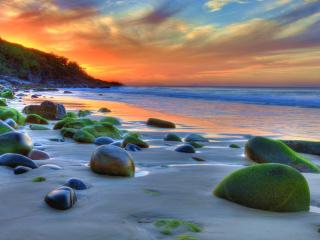 обои Камни на песчаном берегу при закате солнца фото