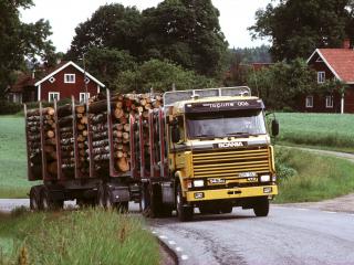 обои Scania 143H 500 6x2 Timber Truck 1988 перед фото