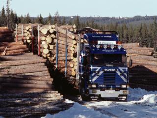 обои Scania 143H 500 6x2 Timber Truck 1988 спереди фото