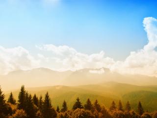 обои Вид с облаками,   горами,   холмами зелеными и лесами фото