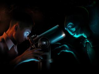 обои Астроном изучает пришельцев в телескоп фото