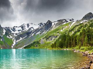 обои Горы со снегом и озеро бирюзовое фото