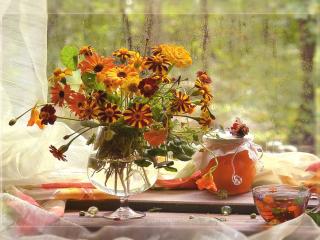 обои Осенний букет с вареньем и чаем фото