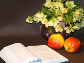обои Натюрморт - Книга,   яблоки,   цветы фото