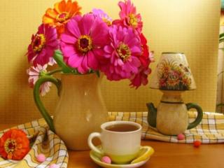 обои Цветы и чай с лимоном фото