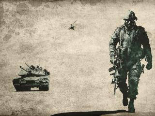 обои Рисунок танка,   вертолета и бойца фото