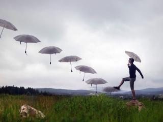 обои Ряд зонтов и мужчина с зонтиком в травах фото