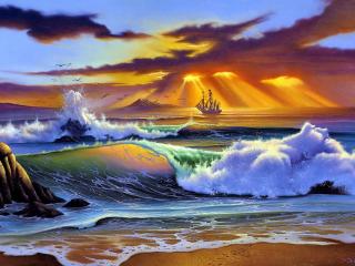 обои Рисунок парусника и волны морские в закате солнца фото