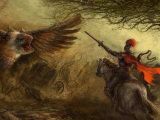 обои Бой рыцаря на коне со злой птицей фото