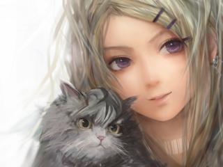 обои Рисунок обоятельной девушки с кошкой фото