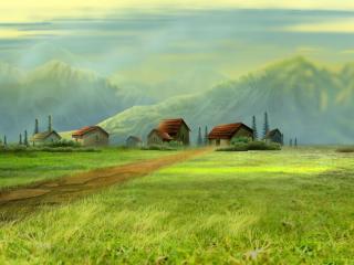 обои Рисунок деревни в горах фото