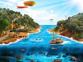 обои Рисунок подводного и наземного мира фото